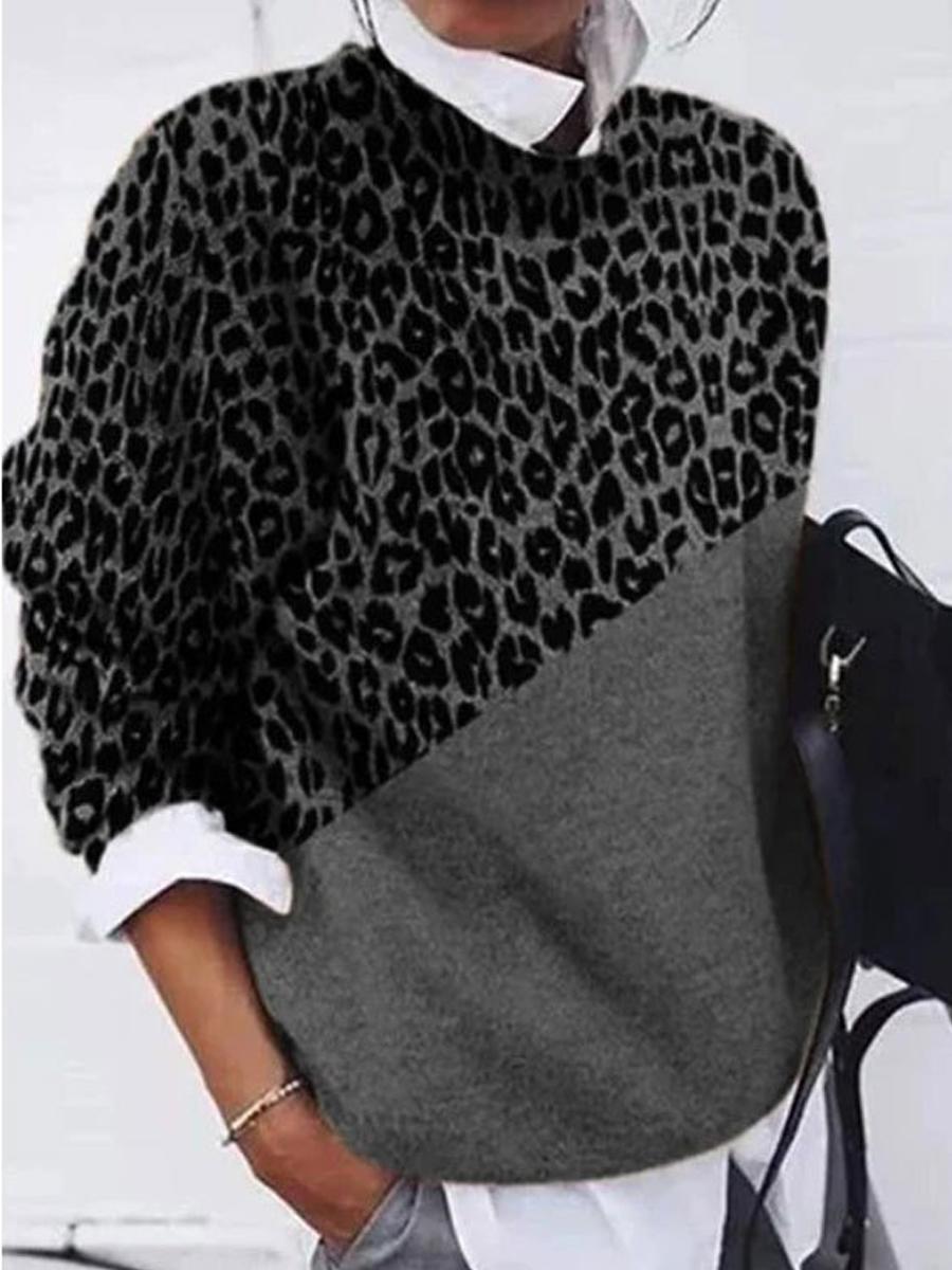 Fashion Leopard Print Color Block Round Neck Sweater