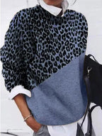 Fashion Leopard Print Color Block Round Neck Sweater