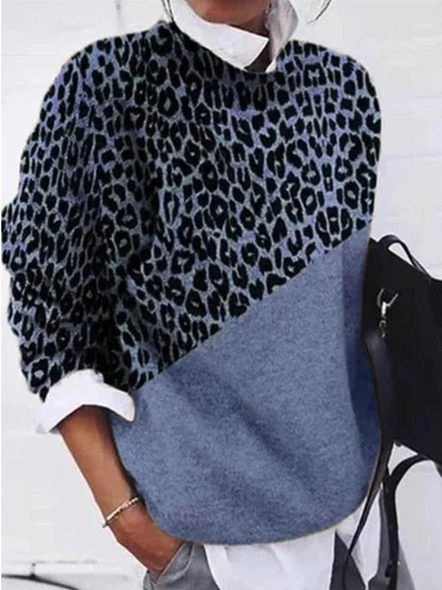 Fashion Leopard Print Color Block Round Neck Sweater
