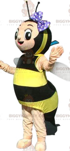 Bee BIGGYMONKEYMascot Costume with Purple Polka Dot Bow Tie