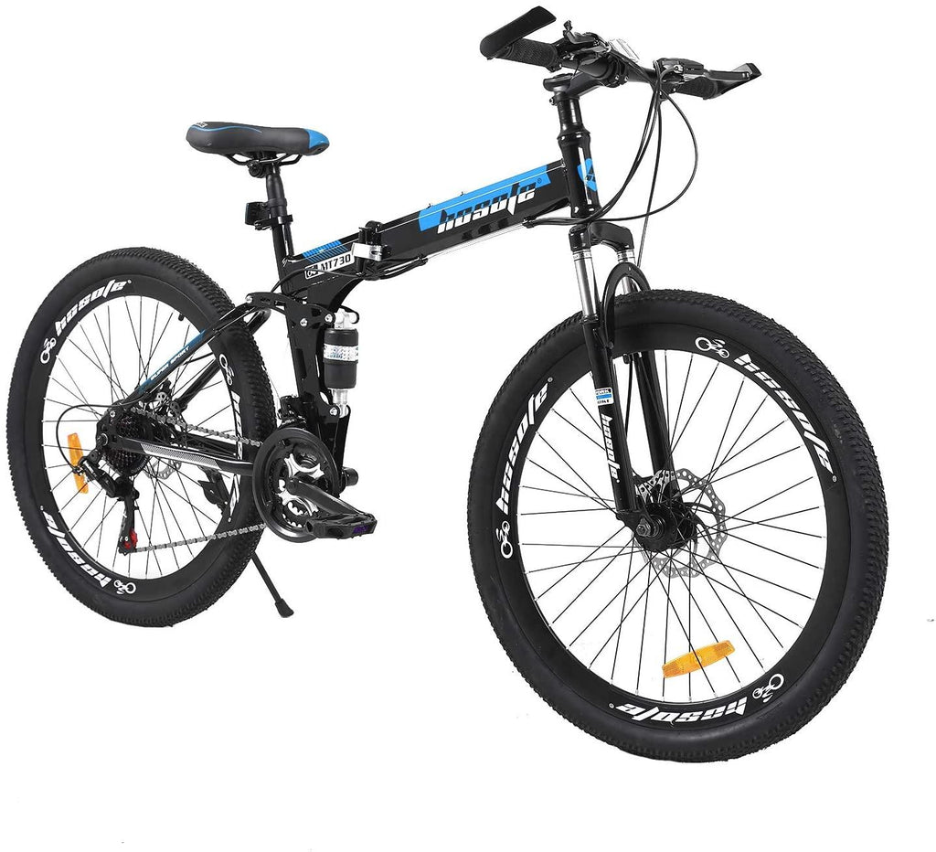 hosote 26 Inch Full Suspension Folding Mountain Bike, 21 Speed High-Tensile Carbon Steel Frame MTB, Dual Disc Brake Mountain Bicycle for Men and Women