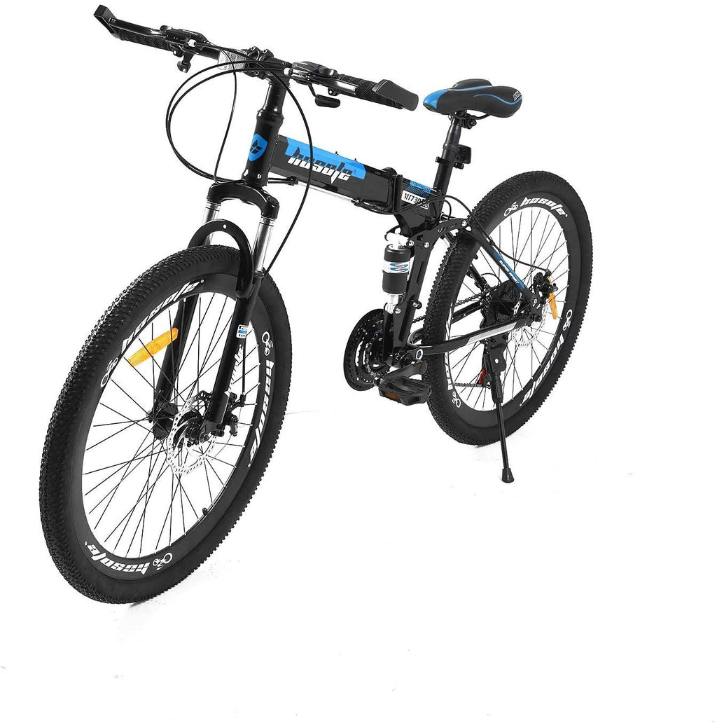 hosote 26 Inch Full Suspension Folding Mountain Bike, 21 Speed High-Tensile Carbon Steel Frame MTB, Dual Disc Brake Mountain Bicycle for Men and Women