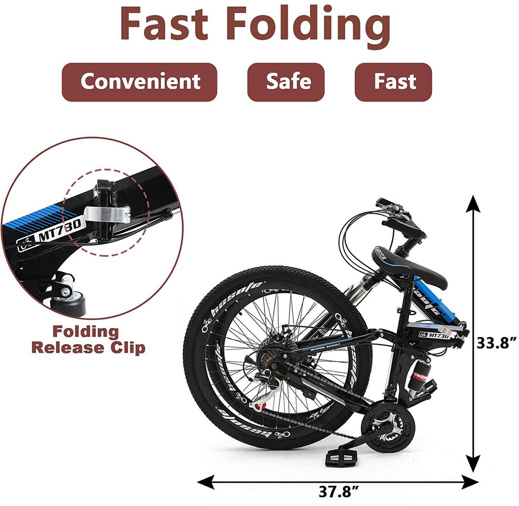 hosote 26 Inch Full Suspension Folding Mountain Bike, 21 Speed High-Tensile Carbon Steel Frame MTB, Dual Disc Brake Mountain Bicycle for Men and Women
