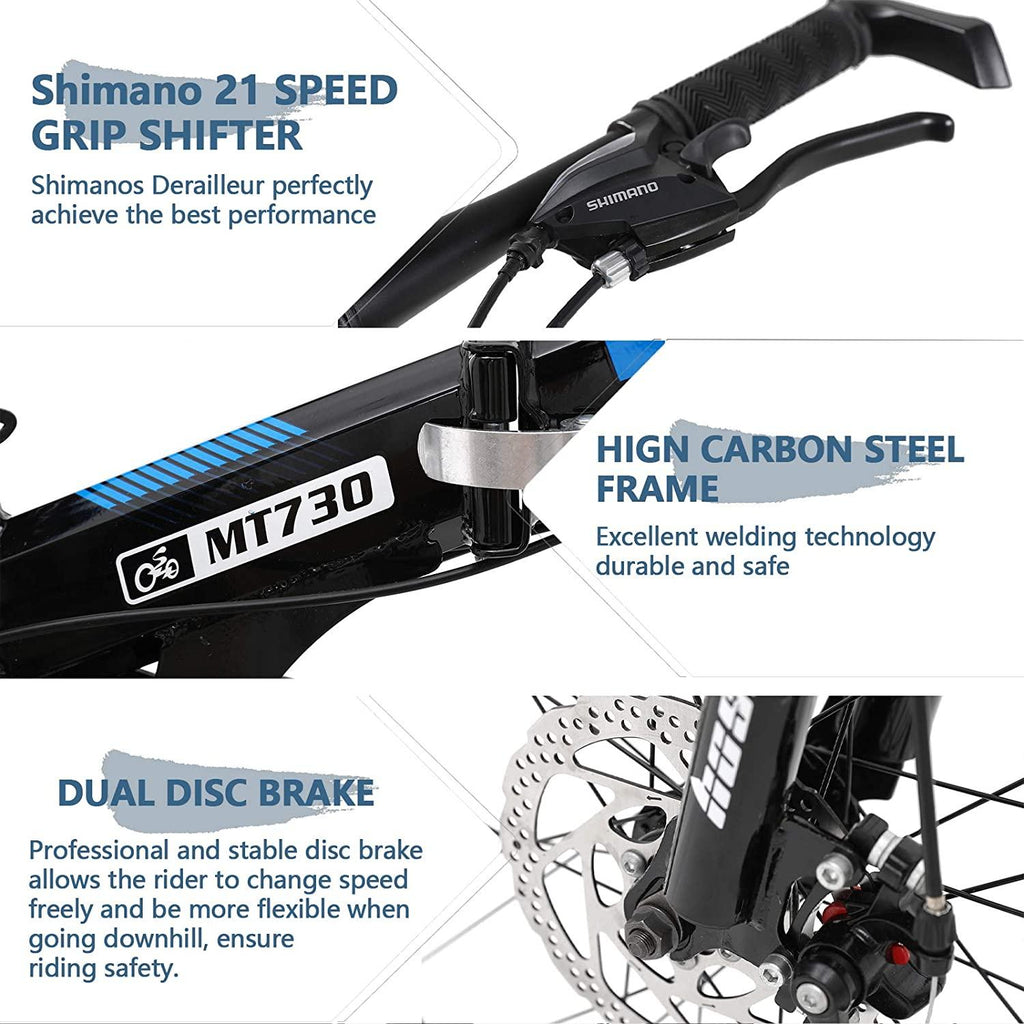 hosote 26 Inch Full Suspension Folding Mountain Bike, 21 Speed High-Tensile Carbon Steel Frame MTB, Dual Disc Brake Mountain Bicycle for Men and Women