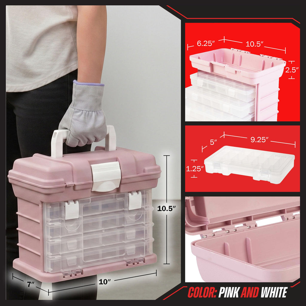 Portable Tool Box - Small Parts Organizer with Drawers and Customizable Compartments for Hardware, Fishing Tackle, Beads, or Crafts by  (Pink)