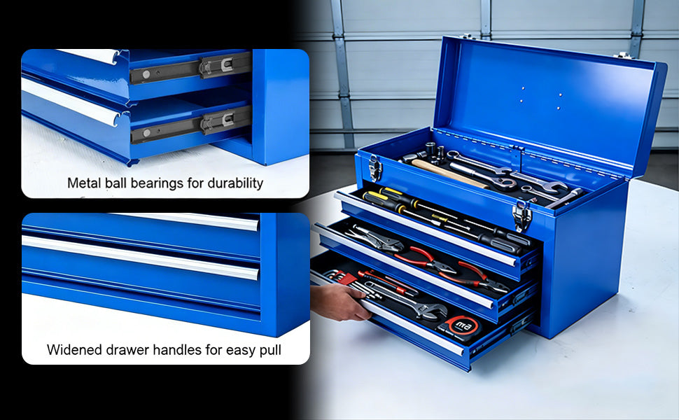 ANTBD133-XU  3 Drawer 20.5" Portable Metal Tool Box: Ball-Bearing Slides and 2 Metal Latches for Secure Closure in Garage, Home or Workbench, Blue