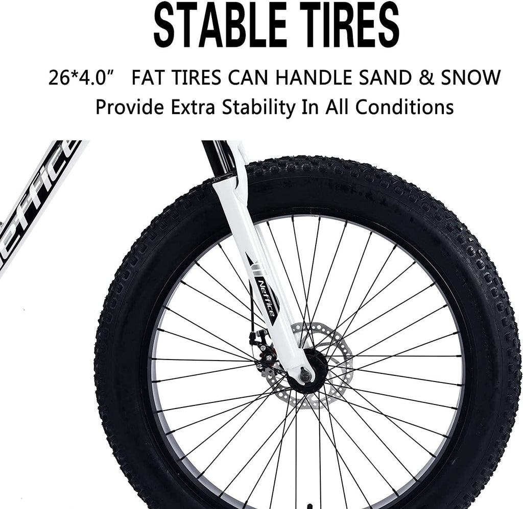 26 Inch Mens Fat Tire Mountain Bikes 7 Speed Anti-Slip Sand, Double Disc Brake Suspension Fork Snow Bike Beach Bike