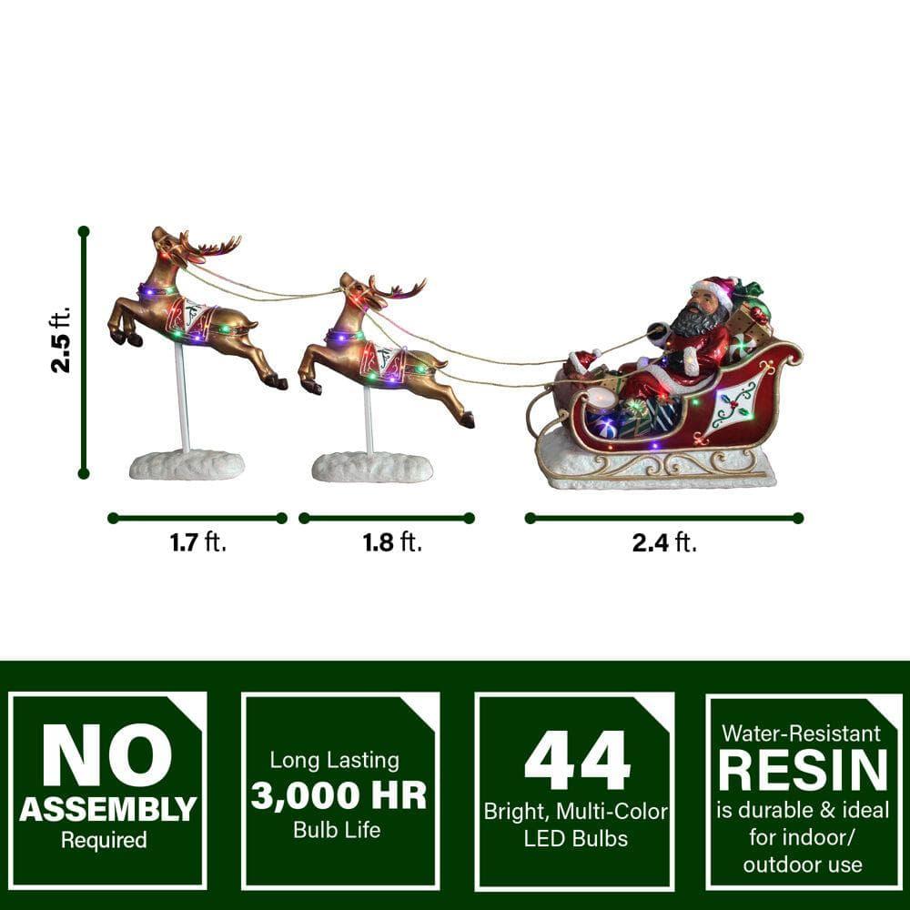 23 in. Christmas African American Santa Sleigh and Flying Reindeer 3-Piece Set