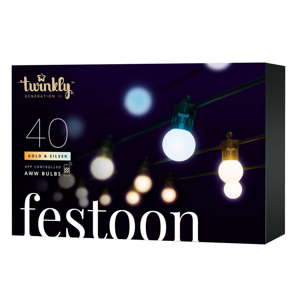 Twinkly Festoon Smart 40 AWW LED Bulb Lights, 66 Foot Black String, Gen II