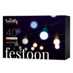 Twinkly Festoon Smart 40 AWW LED Bulb Lights, 66 Foot Black String, Gen II