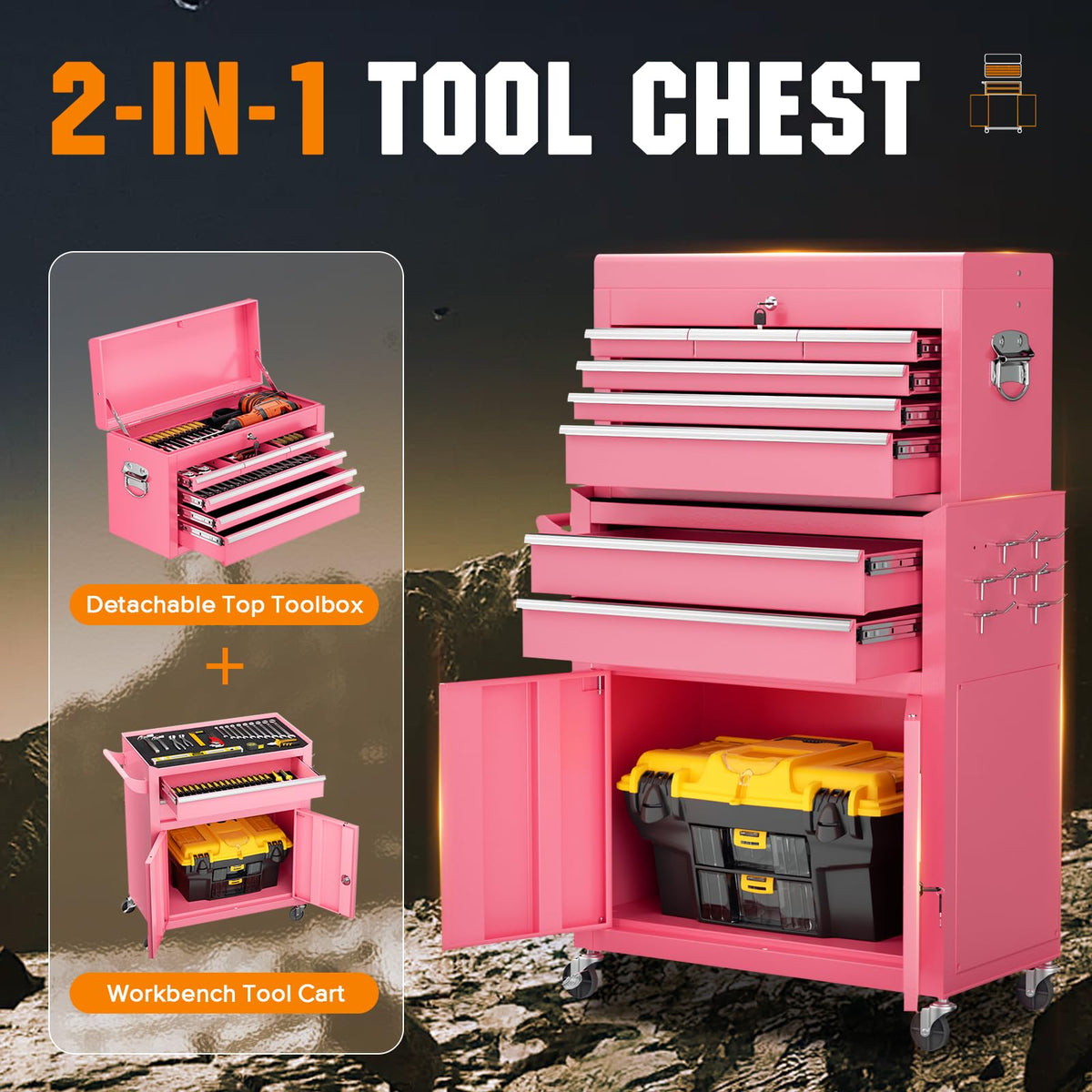 Heavy-Duty 8-Drawer Rolling Tool Chest & Cabinet Combo with Black Liner – Lockable Steel GaraTool Box on Wheels – Detachable Top Toolbox & Bottom StoraCart with Side Hooks, Pink