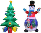 TWO CHRISTMAS PARTY DECORATIONS BUNDLE, Includes 8 Foot Tall Inflatable Green Christmas Tree with Multicolor Gift Boxes, and 8 Foot Tall Inflatable Snowman Globe with Penguin and Christmas Tree Blowup