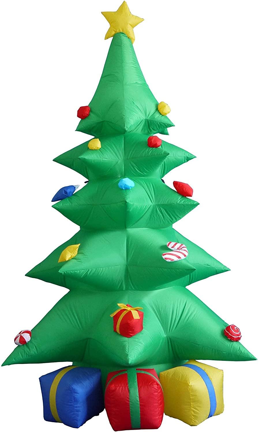 TWO CHRISTMAS PARTY DECORATIONS BUNDLE, Includes 8 Foot Tall Inflatable Green Christmas Tree with Multicolor Gift Boxes, and 8 Foot Tall Inflatable Snowman Globe with Penguin and Christmas Tree Blowup