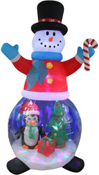TWO CHRISTMAS PARTY DECORATIONS BUNDLE, Includes 8 Foot Tall Inflatable Green Christmas Tree with Multicolor Gift Boxes, and 8 Foot Tall Inflatable Snowman Globe with Penguin and Christmas Tree Blowup