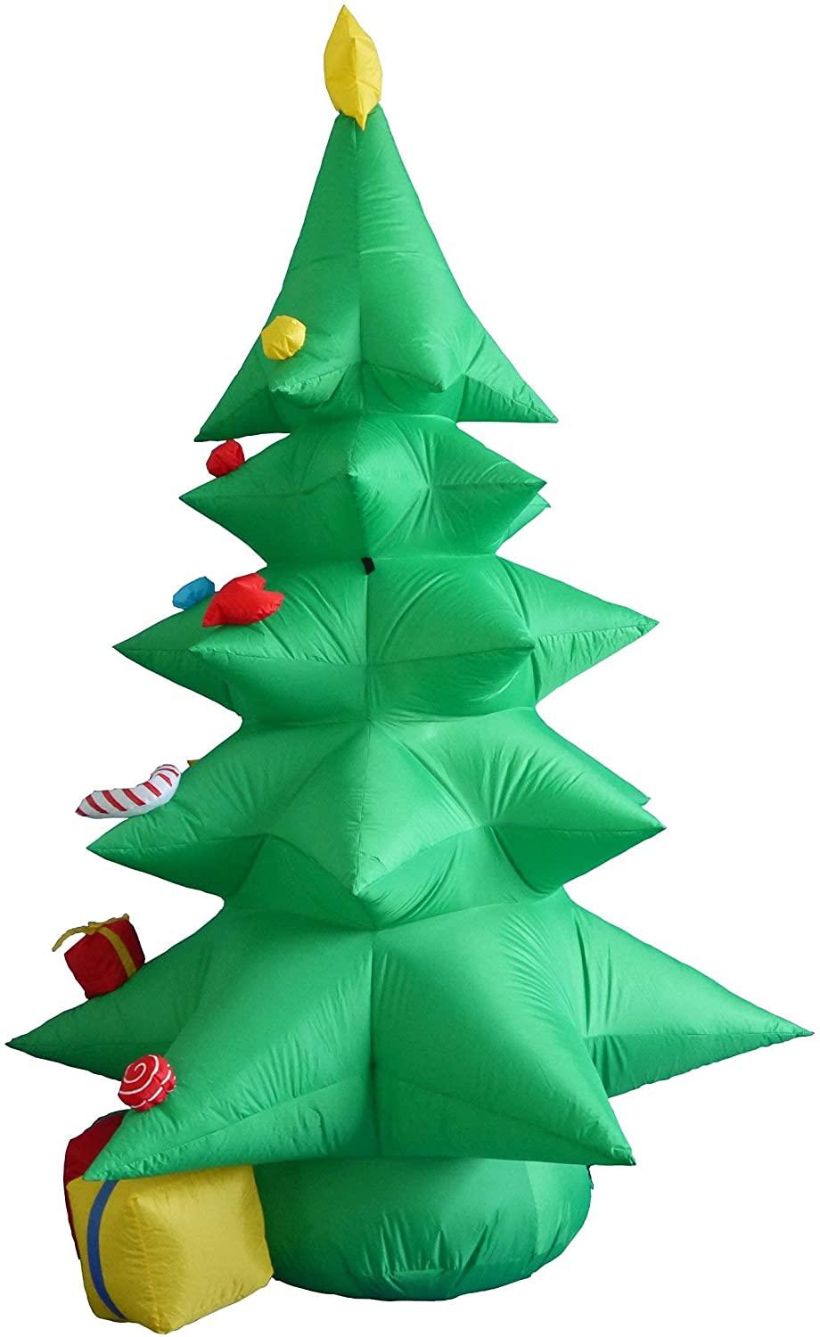 TWO CHRISTMAS PARTY DECORATIONS BUNDLE, Includes 8 Foot Tall Inflatable Green Christmas Tree with Multicolor Gift Boxes, and 8 Foot Tall Inflatable Snowman Globe with Penguin and Christmas Tree Blowup
