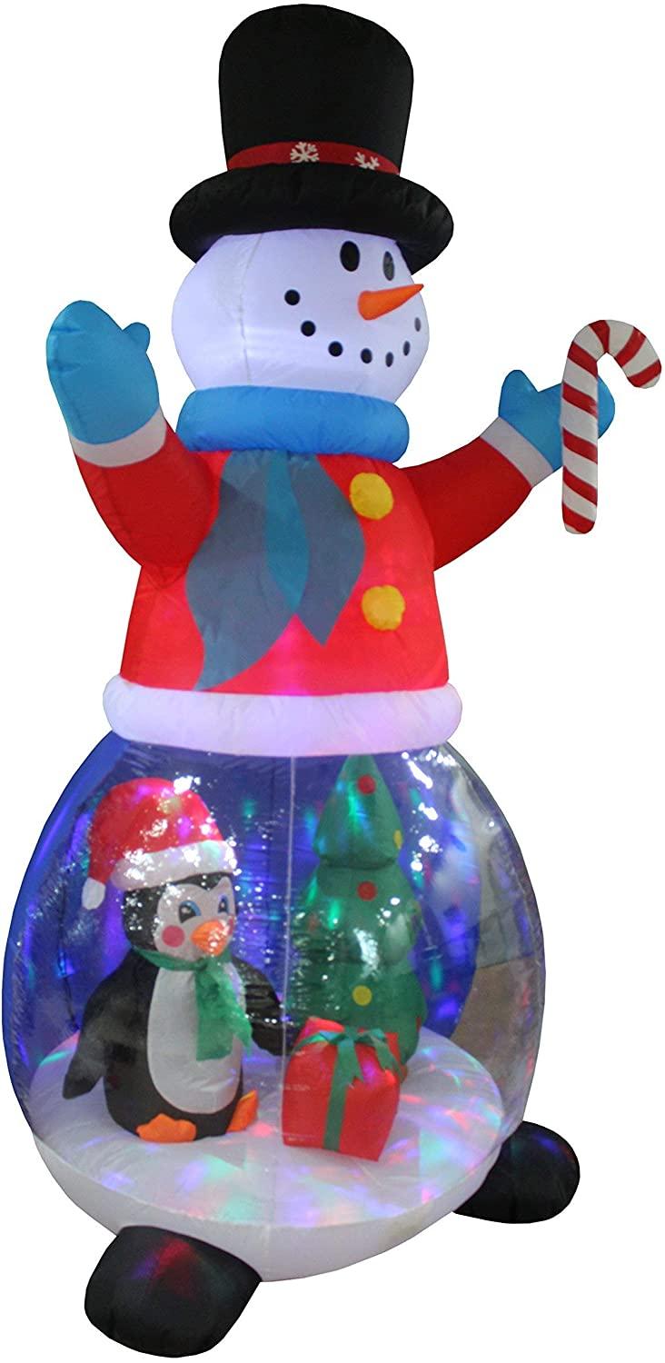 TWO CHRISTMAS PARTY DECORATIONS BUNDLE, Includes 8 Foot Tall Inflatable Green Christmas Tree with Multicolor Gift Boxes, and 8 Foot Tall Inflatable Snowman Globe with Penguin and Christmas Tree Blowup