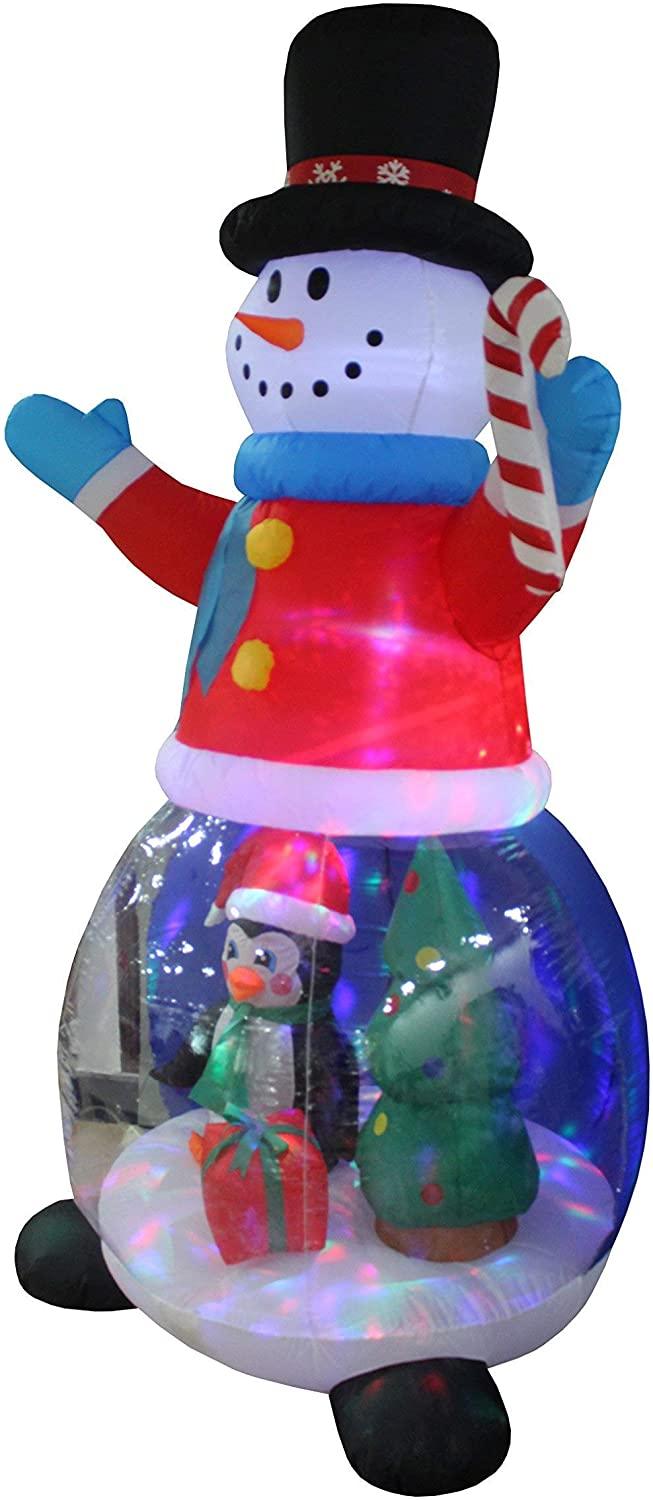 TWO CHRISTMAS PARTY DECORATIONS BUNDLE, Includes 8 Foot Tall Inflatable Green Christmas Tree with Multicolor Gift Boxes, and 8 Foot Tall Inflatable Snowman Globe with Penguin and Christmas Tree Blowup