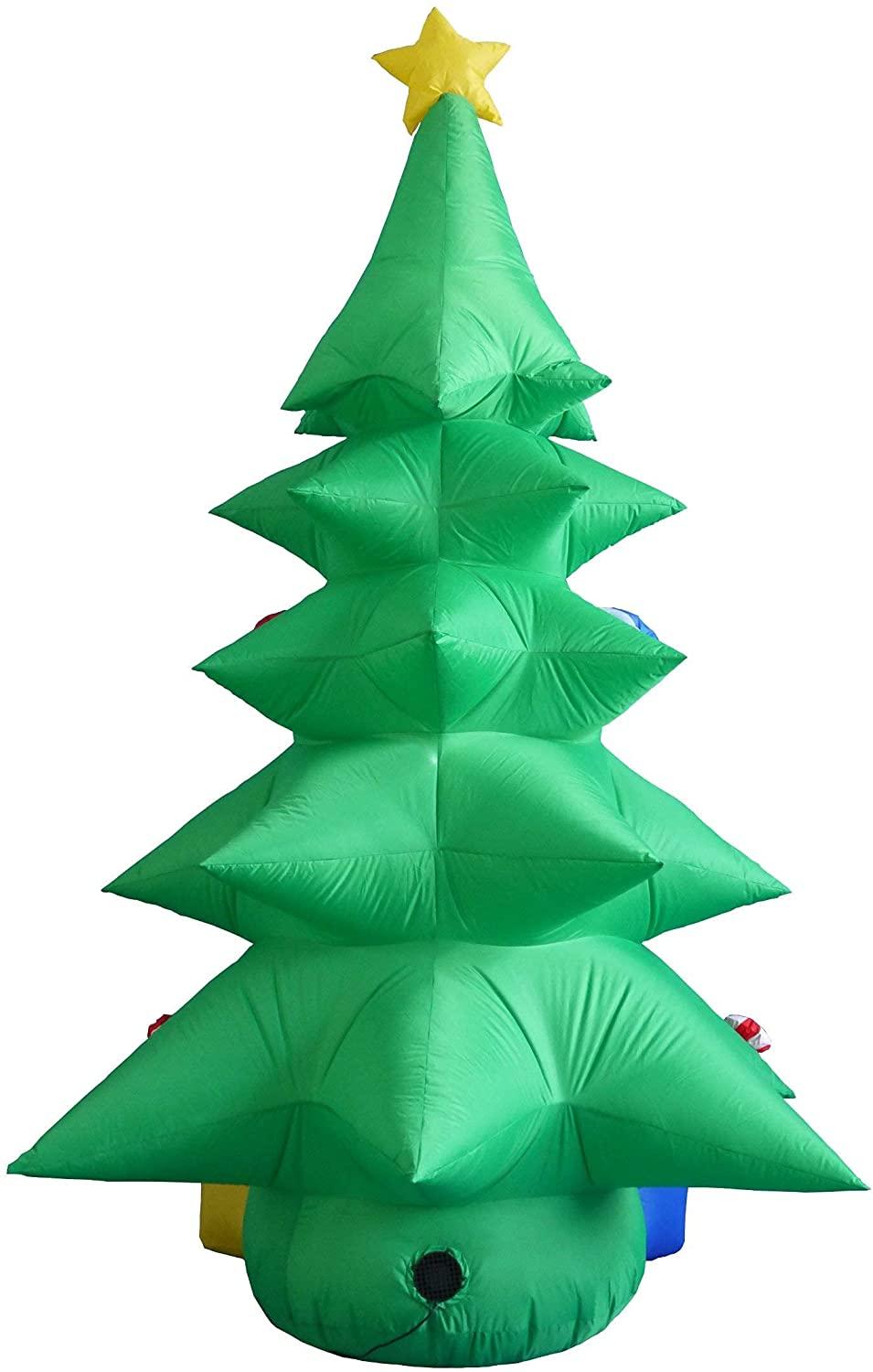 TWO CHRISTMAS PARTY DECORATIONS BUNDLE, Includes 8 Foot Tall Inflatable Green Christmas Tree with Multicolor Gift Boxes, and 8 Foot Tall Inflatable Snowman Globe with Penguin and Christmas Tree Blowup