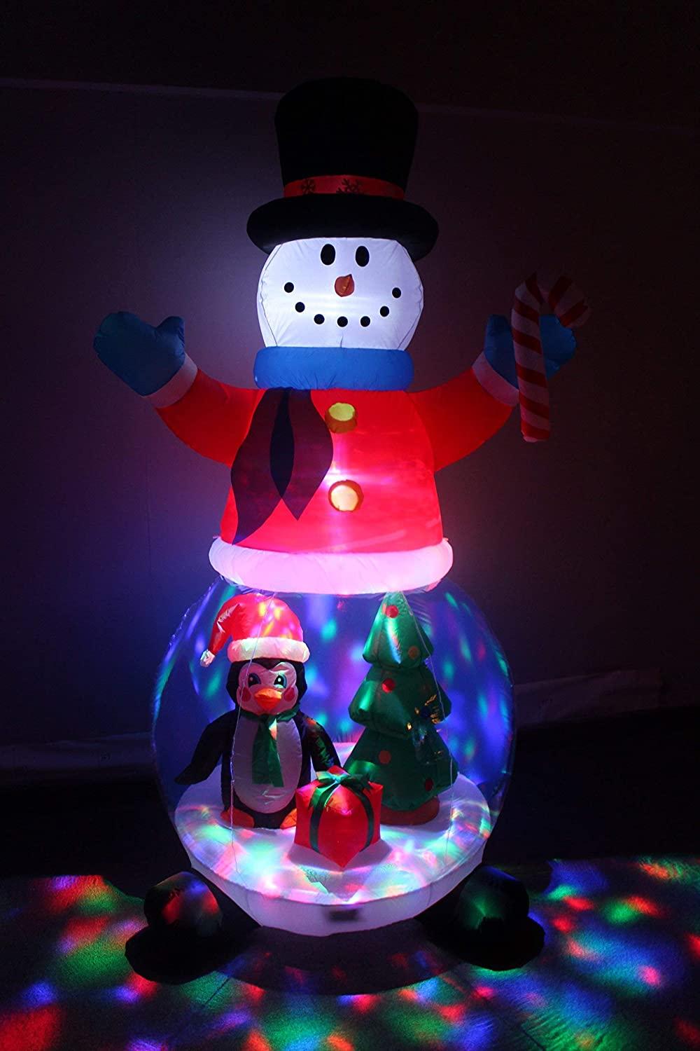 TWO CHRISTMAS PARTY DECORATIONS BUNDLE, Includes 8 Foot Tall Inflatable Green Christmas Tree with Multicolor Gift Boxes, and 8 Foot Tall Inflatable Snowman Globe with Penguin and Christmas Tree Blowup