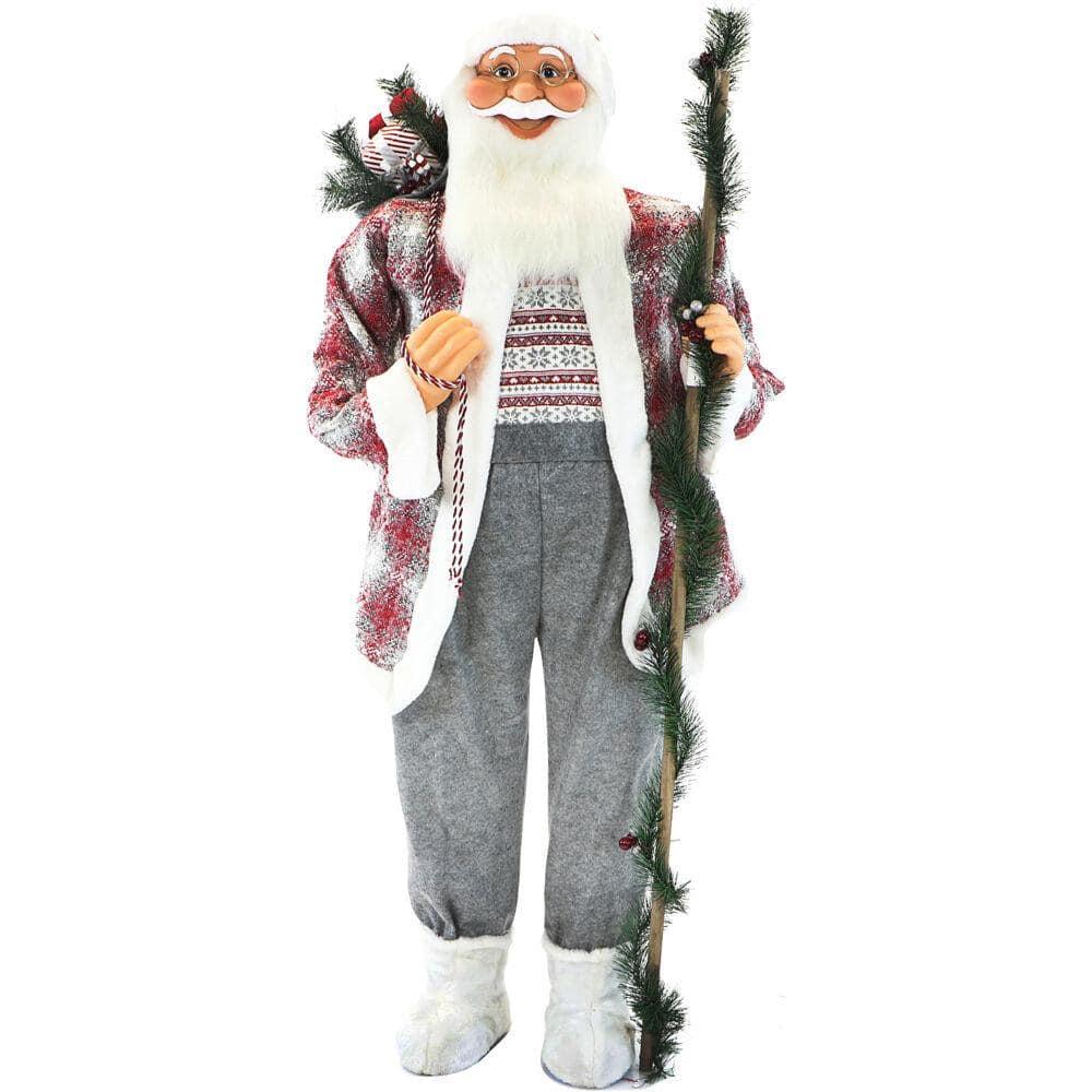 5 ft. Christmas Standing Santa Claus Holding a Staff and Wearing a Tweed Jacket with White Fur Trim