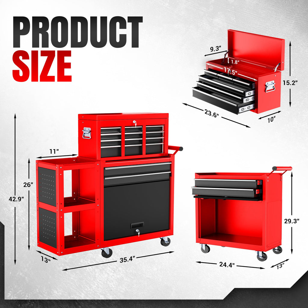 8-Drawer Rolling Tool Chest, Assembled Metal Tool StoraCabinet with Wheels, LocSliding Drawers & Detachable Top Box, for GaraWorkshop Repair Room Warehouse, Red