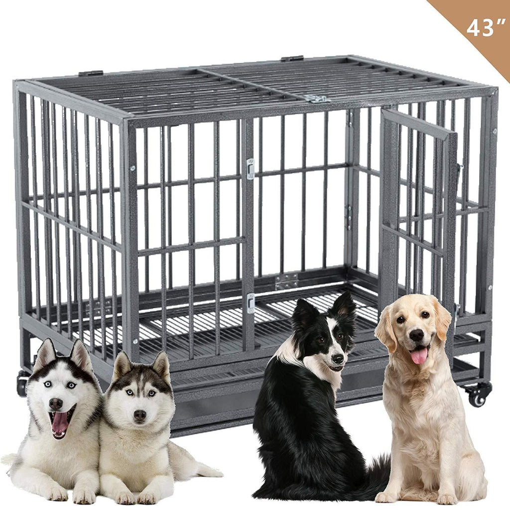 SUNCOO 43" Heavy Duty Dog Crate Pet Kennel Rust-Resistant Metal CaPlaypen w/Tray Castor Indestructible (L43 x W30 xH34)