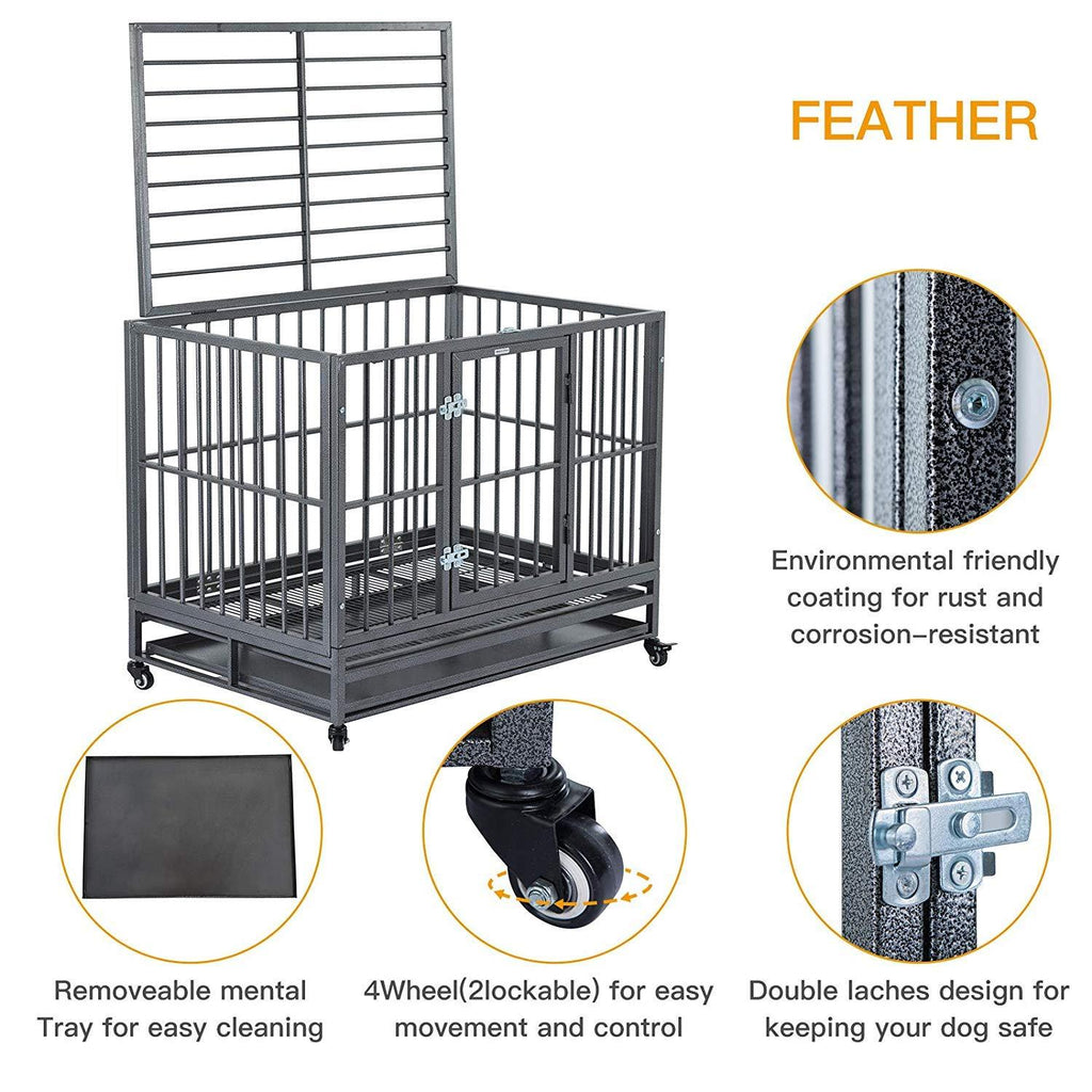 SUNCOO 43" Heavy Duty Dog Crate Pet Kennel Rust-Resistant Metal CaPlaypen w/Tray Castor Indestructible (L43 x W30 xH34)