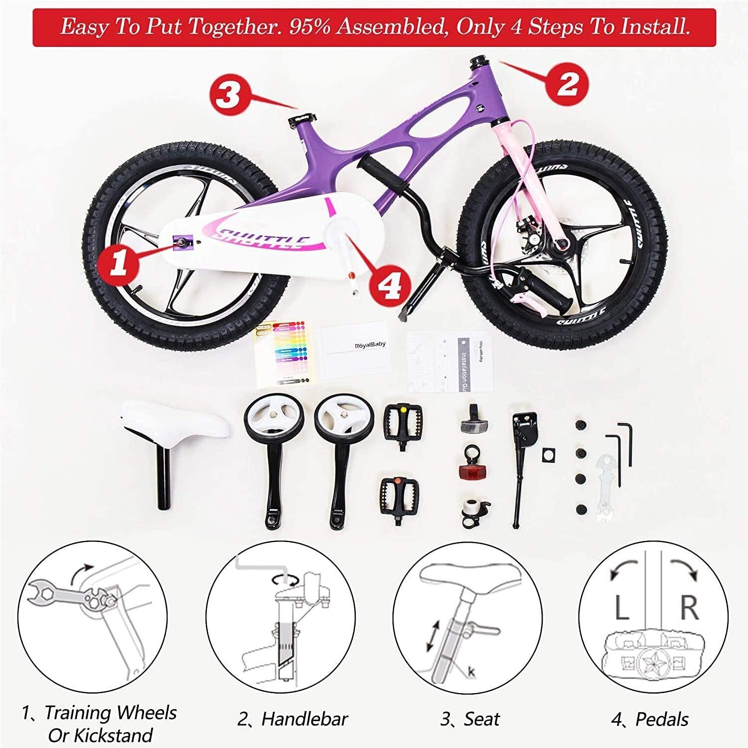 Royalbaby Kids Bike Boys Girls Space Shuttle Purple 16 In. Magnesium 2 Hand Disc Brakes Training Wheels and Kickstand