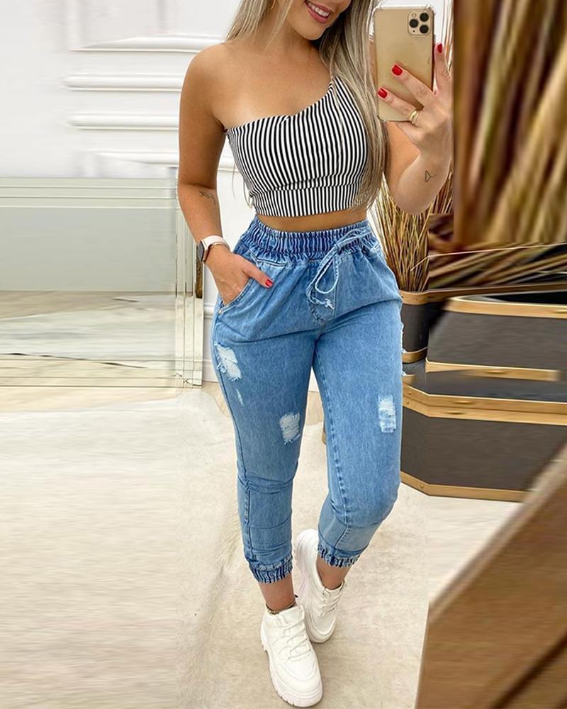 solid color drawstring elasticized waist ripped jeans