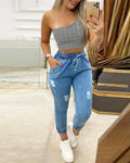 solid color drawstring elasticized waist ripped jeans