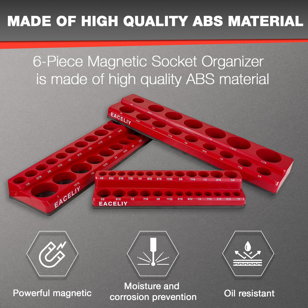 Magnetic Socket Organizer Set, 1/2", 1/4" and 3/8" SAE & Metric Deep & Shallow Socket Holder Kit, holds 141 stanard Sockets, attaches to steel box/tool cart (sockets not included) 丨6PCS