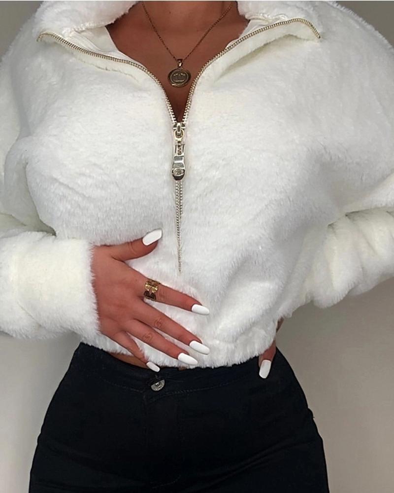 fluffy long sleeve zipper design sweatshirt