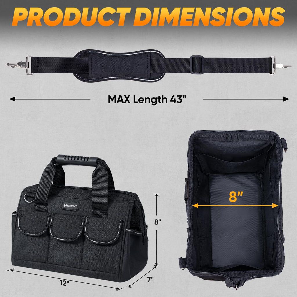 Heavy Duty Tool Bag with Multi-Pockets, Portable Tool Box Organizer StoraBag, with Adjustable Shoulder Strap and Ergonomic Handle (Black, 12" Standard Base)