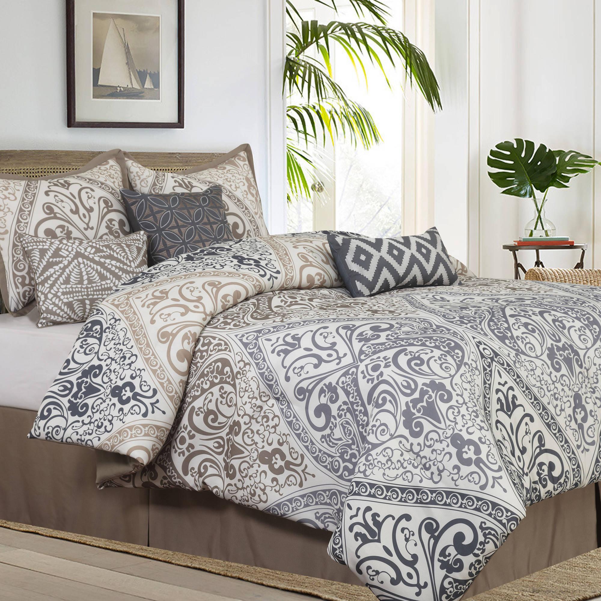 Nanshing Farren 7-Piece Damask Microfiber Bedding Comforter Set with Bonus Pillows, Taupe, Queen