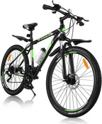 Mountain Bike, 21 Speeds Mountain Bicycle with Aluminum Frame Suspension Fork, 27.5 Inch Wheels Anti- Slip Bicycle, Derailleur System Mechanical Disc Brakes, Black Green