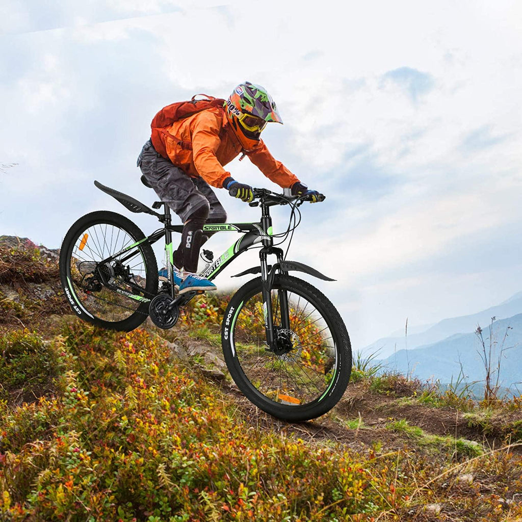 Mountain Bike, 21 Speeds Mountain Bicycle with Aluminum Frame Suspension Fork, 27.5 Inch Wheels Anti- Slip Bicycle, Derailleur System Mechanical Disc Brakes, Black Green