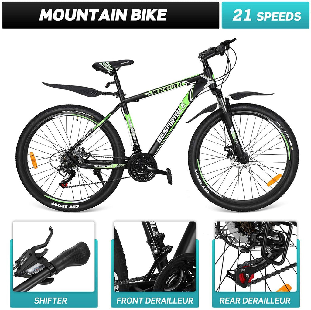Mountain Bike, 21 Speeds Mountain Bicycle with Aluminum Frame Suspension Fork, 27.5 Inch Wheels Anti- Slip Bicycle, Derailleur System Mechanical Disc Brakes, Black Green