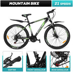 Mountain Bike, 21 Speeds Mountain Bicycle with Aluminum Frame Suspension Fork, 27.5 Inch Wheels Anti- Slip Bicycle, Derailleur System Mechanical Disc Brakes, Black Green