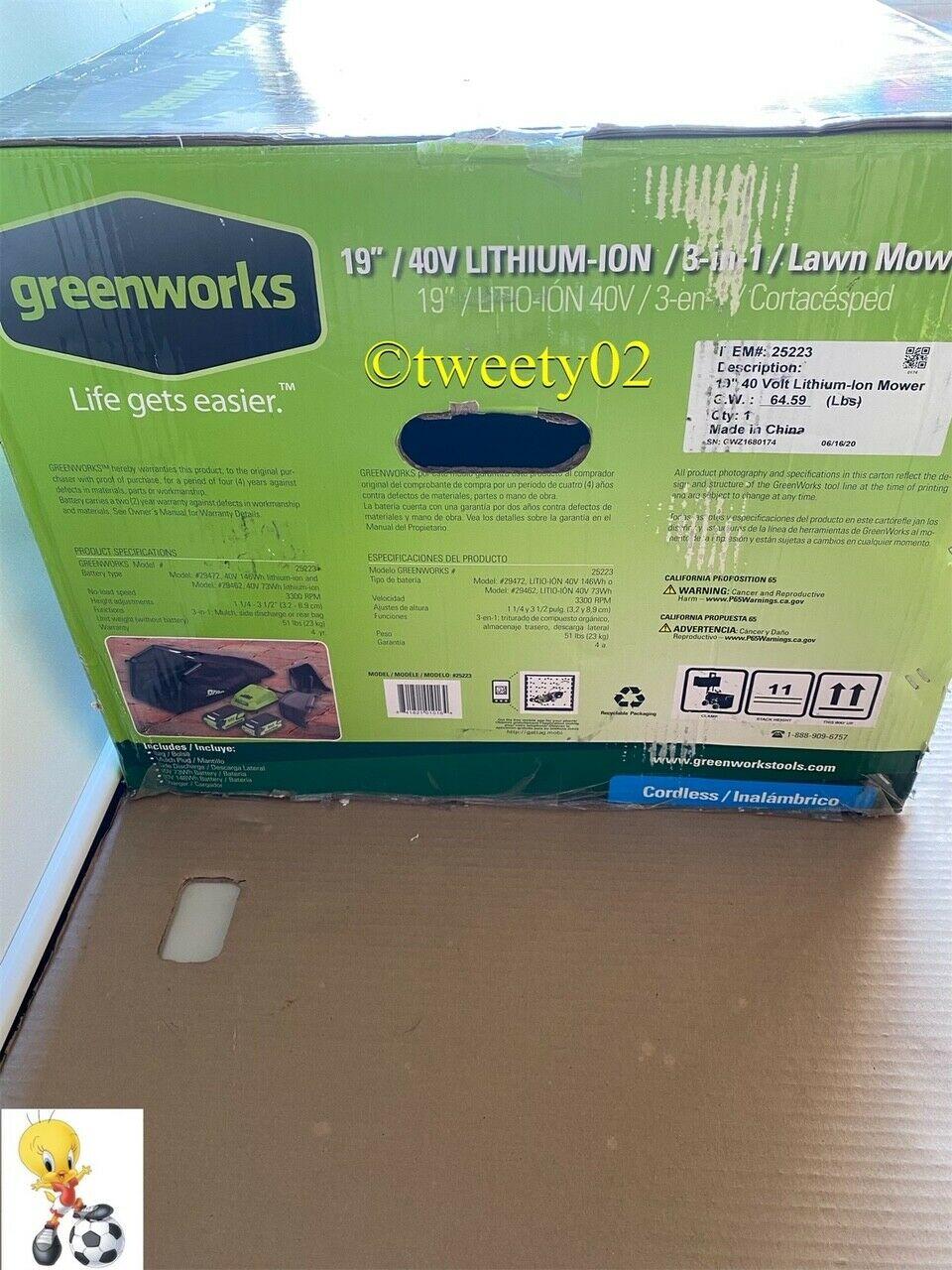 Greenworks 40V 19-Inch Cordless Lawn Mower, Batteries Included