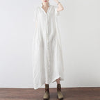 Women Solid Buttoned Linen Slit V-Neck Maxi Short Sleeve Dress
