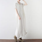 Women Solid Buttoned Linen Slit V-Neck Maxi Short Sleeve Dress