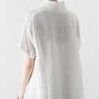 Women Solid Buttoned Linen Slit V-Neck Maxi Short Sleeve Dress