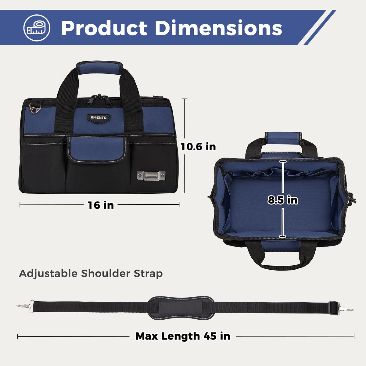 16-Inch Heavy Duty Tool Bag, 22 Pockets Empty Tool Box Organizer Storage, Soft Tote Toolbox Organization Portable Handle Carrying Work Toolbag for Electrician Mechanic, Dad Men Gifts, Blue