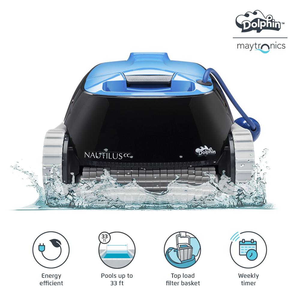 dolphin nautilus cc automatic robotic pool cleaner - ideal for above and in-ground swimming pools up to 33 feet - with large capacity top load filter basket