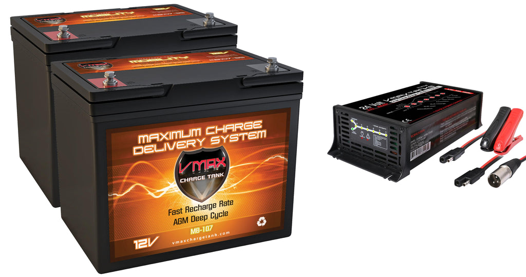 2 VMAX MB107-85 12V 85ah Group 24 AGM Batteries + BC2410XMA Smart Charger 24V 10A 3 Pin Male XM for Ortho-Kinetics Outsider 4500 Wheelchair