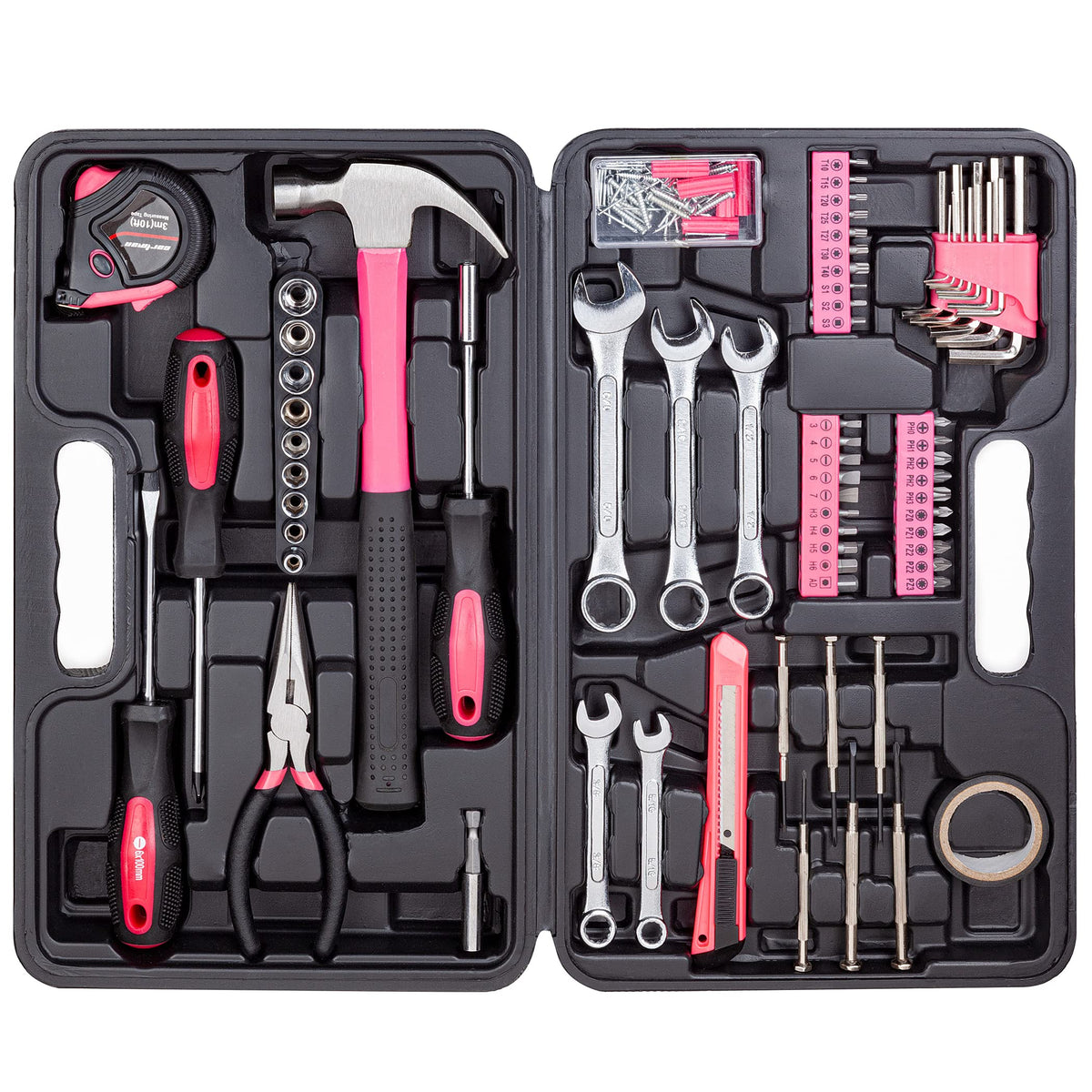 148-Piece Automotive And Household Tool Set, Pink Repair Kit Case | Versatile tool assortment for car maintenance, home repairs, DIY projects, furniture setup, and daily fixes in a molded case.