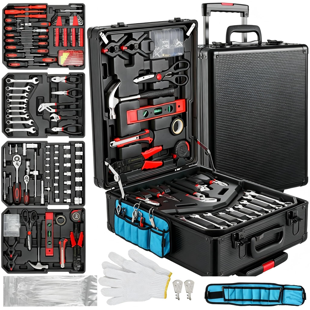 799pcs Aluminum Trolley Case Tool Set Silver, House Repair Kit Set, Household Hand Tool Set, with Tool Belt,Gift on Father's Day (Black)