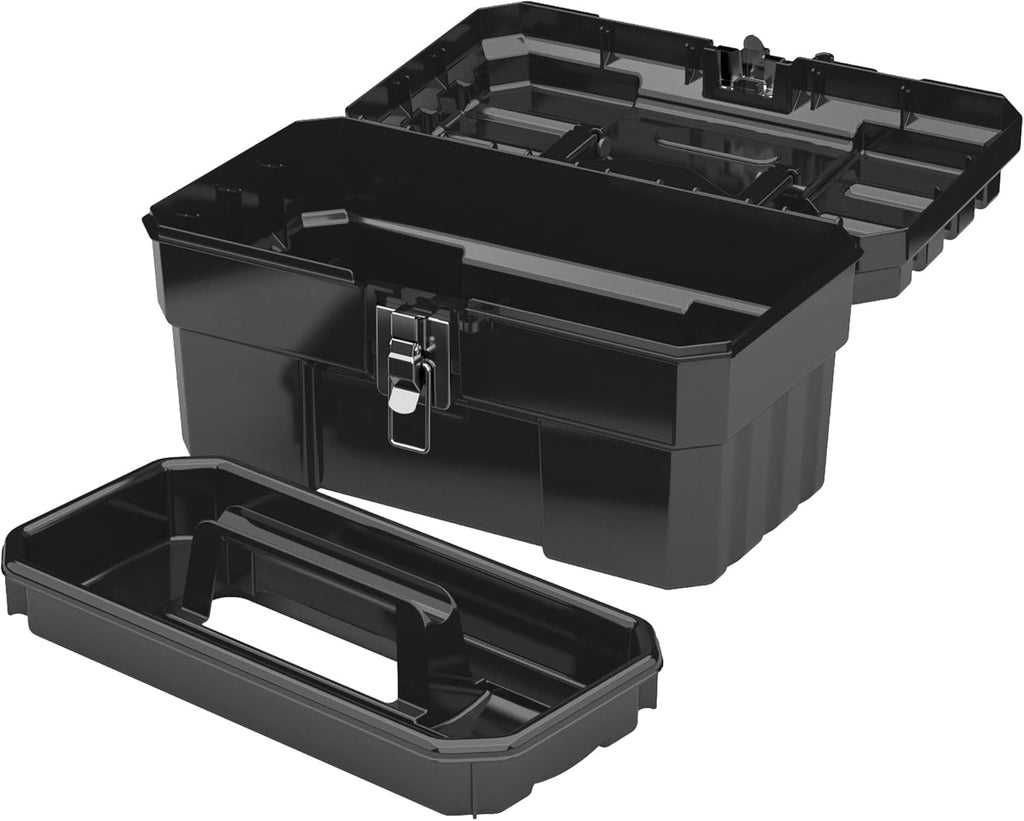 14-Inch Plastic Toolbox with Removable Tray, Steel Latch & Padlock Eye, Industrial-Grade Tool Box for Tools, Crafts, First Aid & Hobby Supplies, 14" x 8" x 8", Made in USA, Black (09514)