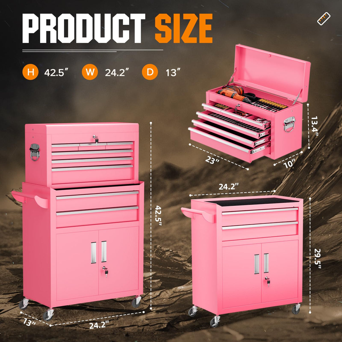 Heavy-Duty 8-Drawer Rolling Tool Chest & Cabinet Combo with Black Liner – Lockable Steel GaraTool Box on Wheels – Detachable Top Toolbox & Bottom StoraCart with Side Hooks, Pink
