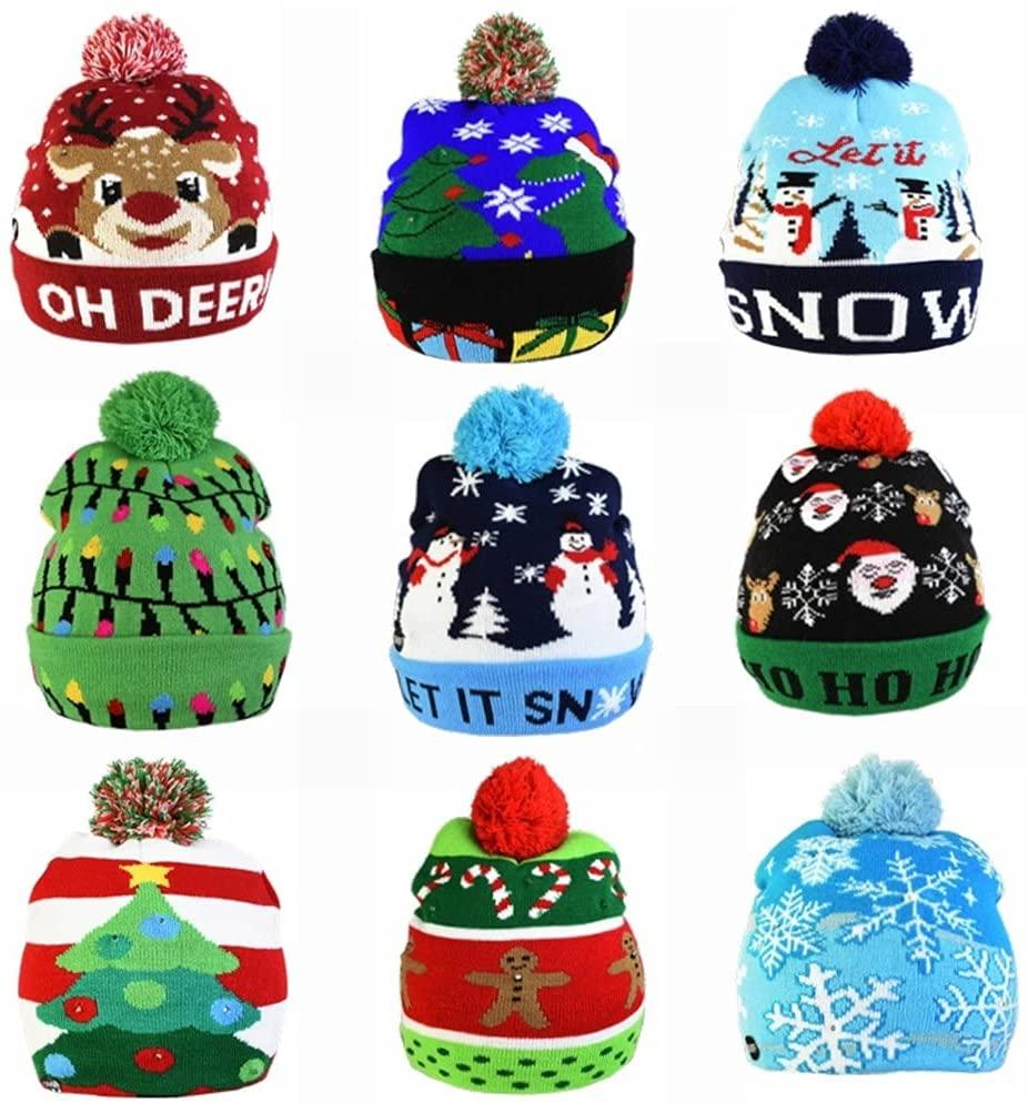 PDGJG 9pcs/ Set Christmas Hats Beanie Sweater LED Light Knit Hat Up Knitted Cap Gift (Color : A, Size Shows)